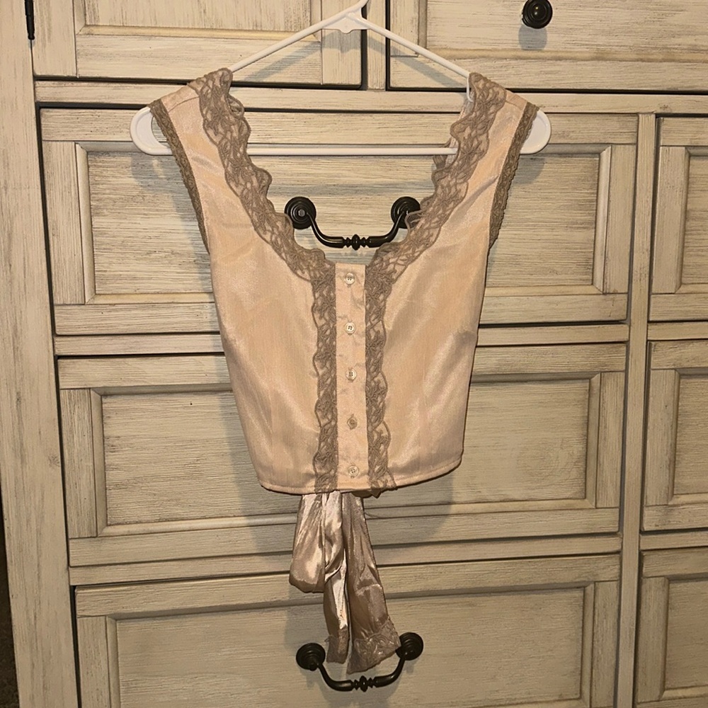 ASOS Nude Lace Silk Button Up Tank Top Bow Tie In Back Button Down Dressy Small